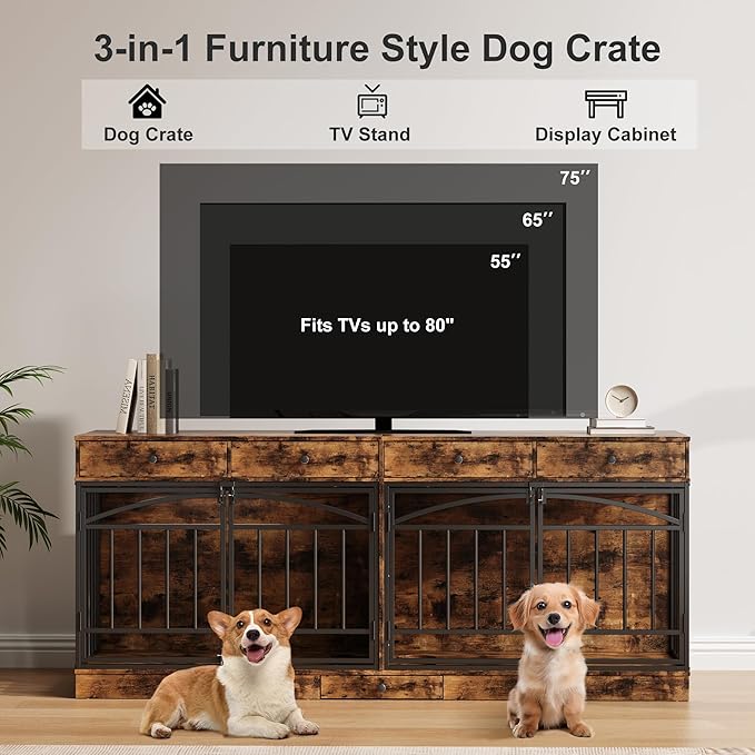 IDEALHOUSE 78.7" Double Dog Crate Furniture with Storage and 4 Doors, Dog Kennel Indoor with Feeding Bowls, Wood Dog Crate TV Stand for Small Medium Dogs, Brown