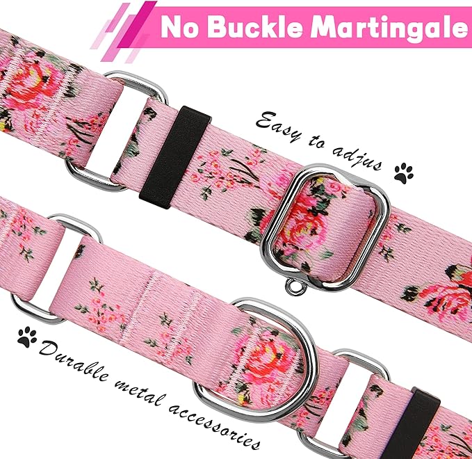 Hikiko Martingale Collar for Dogs with No Buckle Pink Floral Female Dog Collar Cute Girl Dog Collars for Small Dogs,Pink Rose,S
