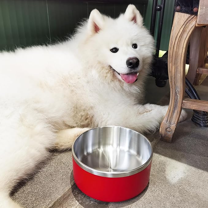 Stainless Steel Dog Bowl, Metal Water and Food Dish for Large Dogs, Insulated Non-Slip Pet Bowl, Easy Clean, 40oz, Red