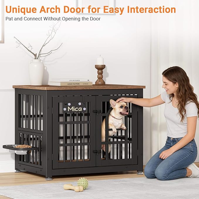 Dog Crate Furniture with Name Tag, Dog Kennel Indoor with 360° Rotating Feeder and Adjustable Heights Bowls, Wooden Decorative Pet Cage End Table for Small Dogs, Rustic Brown 31.5" L