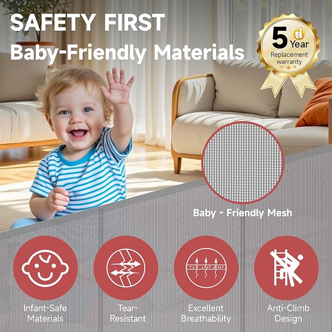 Reinforced Retractable Baby Gate, Extra 38" Tall, Extends up to 63" Wide, Hardwared Installation Mesh Gate for Stairs, Dog Gate, Child Pet Gate for Stairs, Doorways, Hallways, Indoo (Gray)