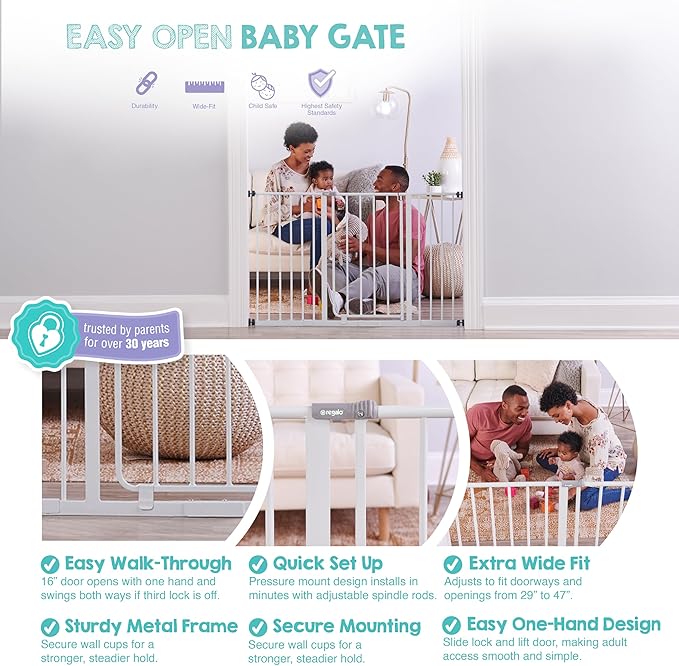 Regalo Safety 29-47" Easy Open Extra Wide Baby Gate for Doorways, Hallways & Bottom of Stairs, Pressured Mounted Safety Gate for Babies, Toddlers & Pets, Tested & Safe, American Designed and Owned
