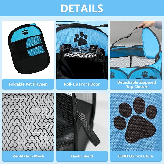 Cat Dog Playpen, Puppy Pet Playpen Indoor for Small Dog Crate Tent Cage Outdoor, Portable Pop Up Dogs Enclosure Kennel with Carrying Case for Dogs/Cats/Rabbits Blue.