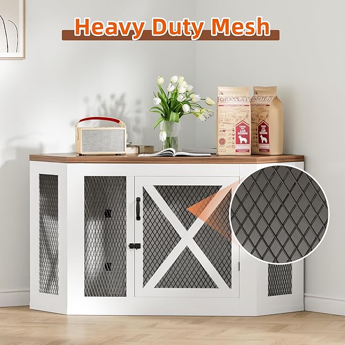 Xilingol Corner Dog Crate Furniture, Wooden Dog Kennel End Table with Mesh, Cage/House for Small Medium Large Dog, Decorative Pet Crate Indoor Use