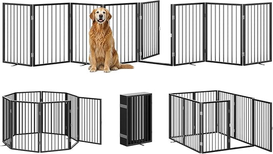 Vantas Folding No-Assembly Metal Pet Gate 160" Wide, 32" Extra Tall Dog Gate with Door Walk Through, Freestanding Accordion Puppy Gate Dog Door for Indoor & Outdoor, with 4PCS Support - Black