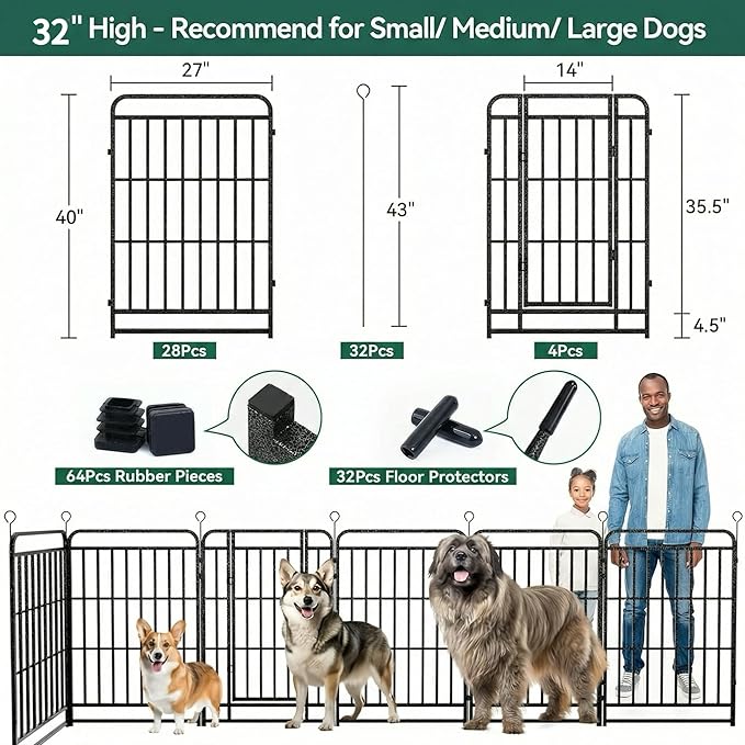 Dog Playpen Outdoor 32 Panels 32'' Rustproof Metal Dog Fence with Gate Small Medium Portable Large Dog Play Pen 72FT, 192 Sq.ft for RV Camping, Trips, Play Yard