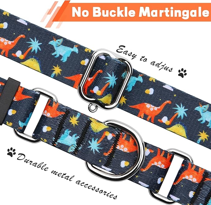 Hikiko Martingale Collar for Dogs with No Buckle Boy Male No Pull Dog Collars for Small Dogs,Dinosaur,S