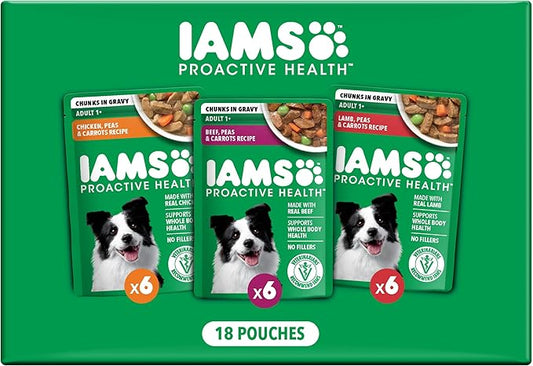 IAMS Proactive Health Adult Wet Dog Food Variety Pack, 3.5 oz. Pouch, (18 Count)