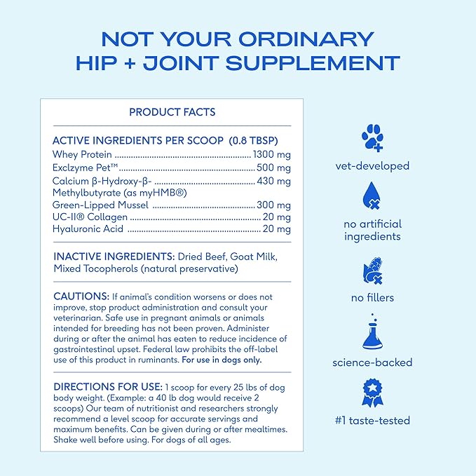 Native Pet Hip & Joint Advanced Care Dog Joint Supplement Powder for Mobility & Movement Support, Joint Supplement for Dogs with HMB, UC-II Collagen, Green Lipped Mussel & Hyaluronic Acid-120 Scoops