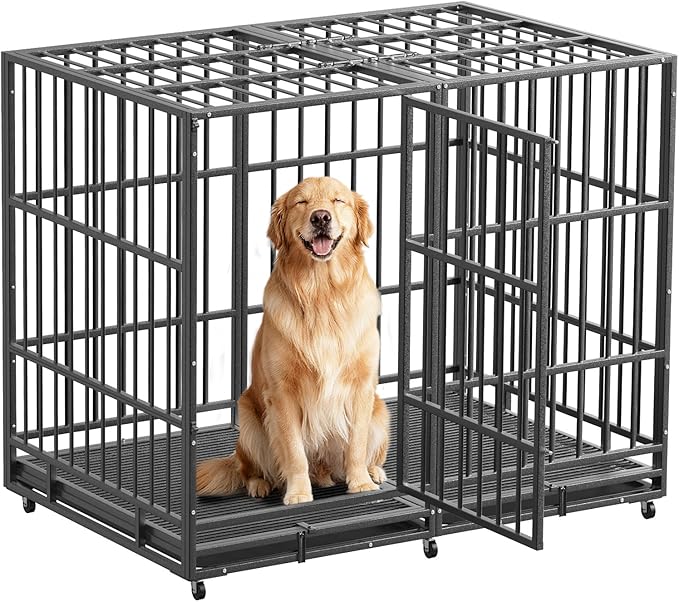 54 inch Heavy Duty Dog Crate with Dual Doors and Lockable Wheels, Large Dog Kennel Indoor, Removable Tray for Easy Cleaning, Dog Cage for Medium to Large Breeds and Anxious Dogs