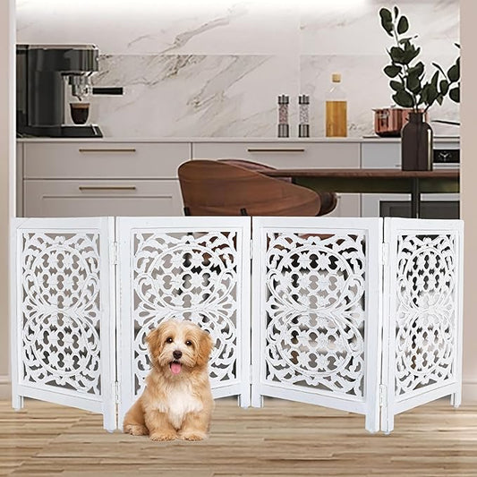 Lightnpro Foldable Carved Wooden Dog Gate with Stopper - Freestanding Indoor Pet Barrier for Home, Adjustable Dog Fence for Stairs, Doorways & Hallways - 24x18 Inch (4 Panels) Antique White