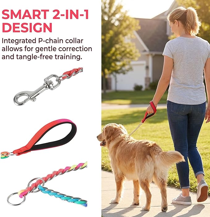 Chew Proof Metal Dog Leash with Built-in P-Chain Collar - 2FT/4FT for Small/Medium/Large Dogs (30-150lb), Anti-Bite Chain Link with Soft Padded Handle, 360° Rotating Clasp Colorful