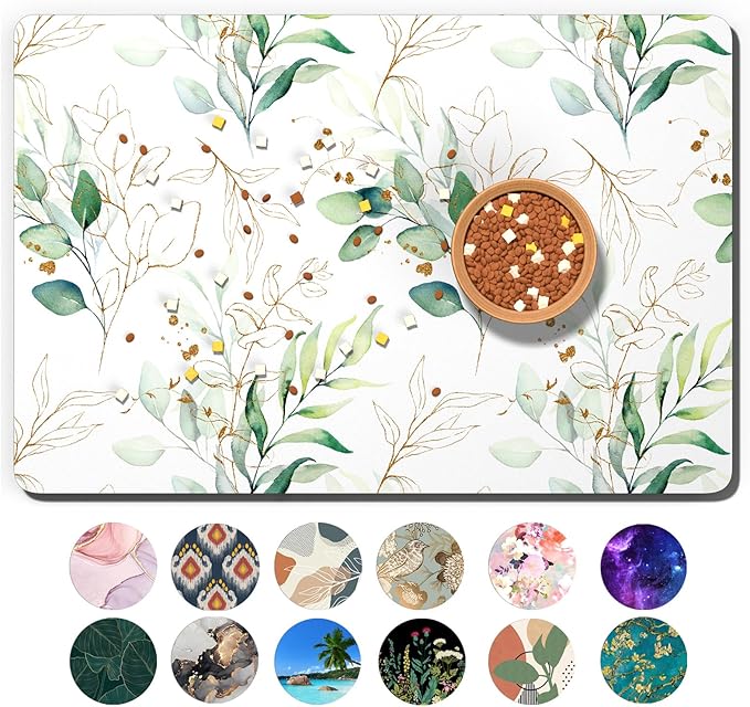 Dog Food Mat, 12" x 19" Minimalism Absorbent Dog Cat Bowl Mat for Food and Water, Cute Anti-Slip Rubber Pet Feeding Rug Protect Floors, Placemat for Feeding & Watering Supplies, Leaf