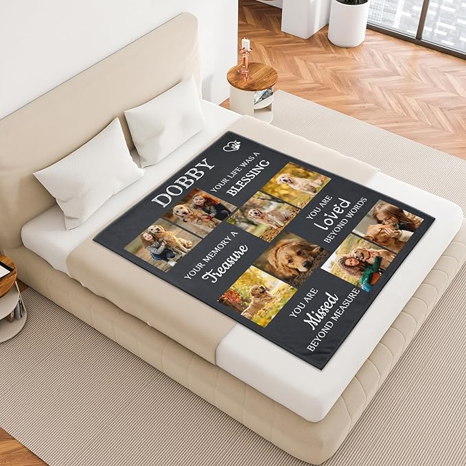 Pet Memorial Blanket Gift - Personalized Dog Memorial Blanket with Photo Name, Pet Sympathy Gifts for Dogs Lovers, Custom Loss of Dog Grief Blankets, Pets Remembrance Bereavement Gifts (8 Photos)