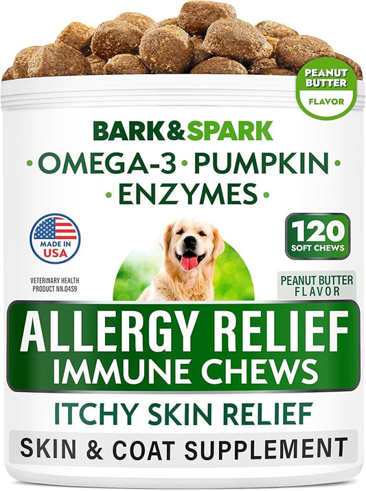 BARK&SPARK Dog Allergy Relief Chews - Anti-Itch Skin & Coat Supplement - Omega 3 Fish Oil - Itchy Skin Relief Treatment Pills - Itching &Paw Licking - Dry Skin&Hot Spots - (120 Immune Treats - Peanut)