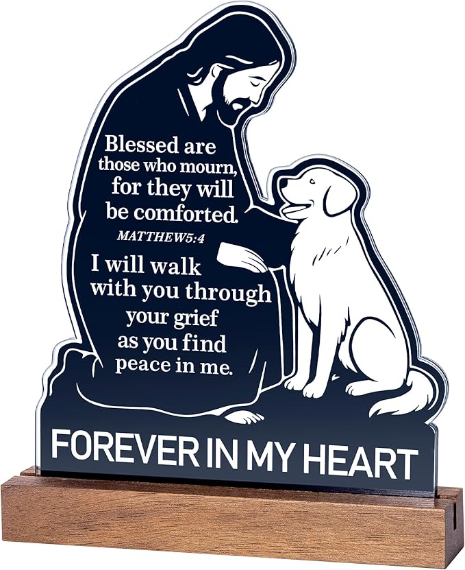 Dog Memorial Gifts for Loss of Dog – Exclusive Jesus Comforting Dogs Figurine with Bible Verse Matthew 5:4, Unique Pet Loss Sympathy Gifts, Pet Remembrance Keepsake with Walnut Wood Base for Dogs Memory Gift 6.7 x 5.9 Inch