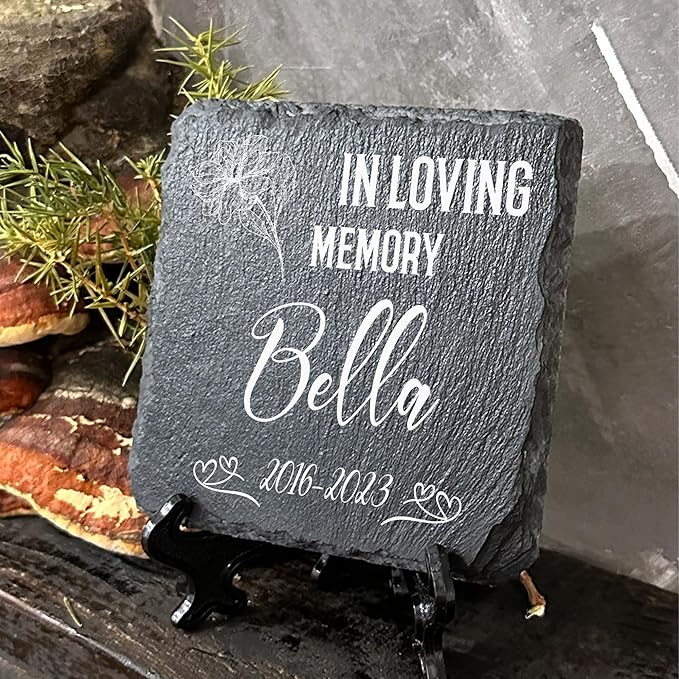 Personalized Individual Square Memorial Plaque + Stand for Pet Cat Dog Slate Stone Frame Paw Grave Marker - Size 3.94" x 3.94" or 100 x 100 mm - in Loving Memory