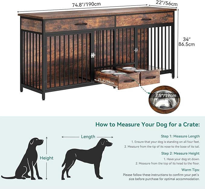 YITAHOME 74.8" Double Dog Crate Furniture with Dog Feeder, Heavy Duty Indoor Dog Kennel TV Stand with Drawers, Sturdy Dog Kennel with Divider for 2 Medium Large Dogs, Brown