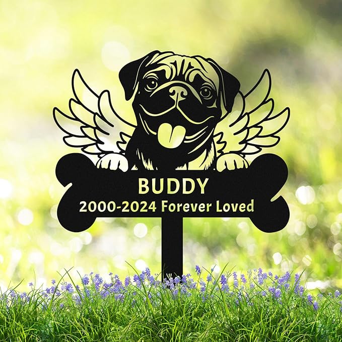 Personalized Pug Dog Memorial Stake, Custom Name Engraved Metal Sign, Wings Pet Memorial Gift, Customized Dog Tombstone Headstone Garden Decor, 8-24 Inches