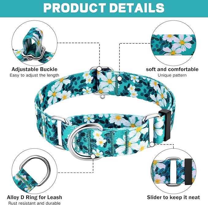Hikiko Martingale Collar for Dogs with No Buckle Floral Daisy Dog Collar Soft Nylon No Pull Dog Collars for Small Dogs,Green Flower,S