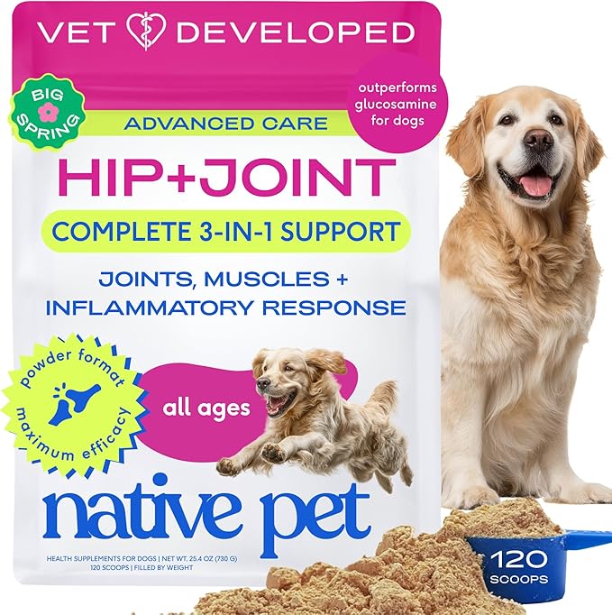 Native Pet Hip & Joint Advanced Care Dog Joint Supplement Powder for Mobility & Movement Support, Joint Supplement for Dogs with HMB, UC-II Collagen, Green Lipped Mussel & Hyaluronic Acid-120 Scoops