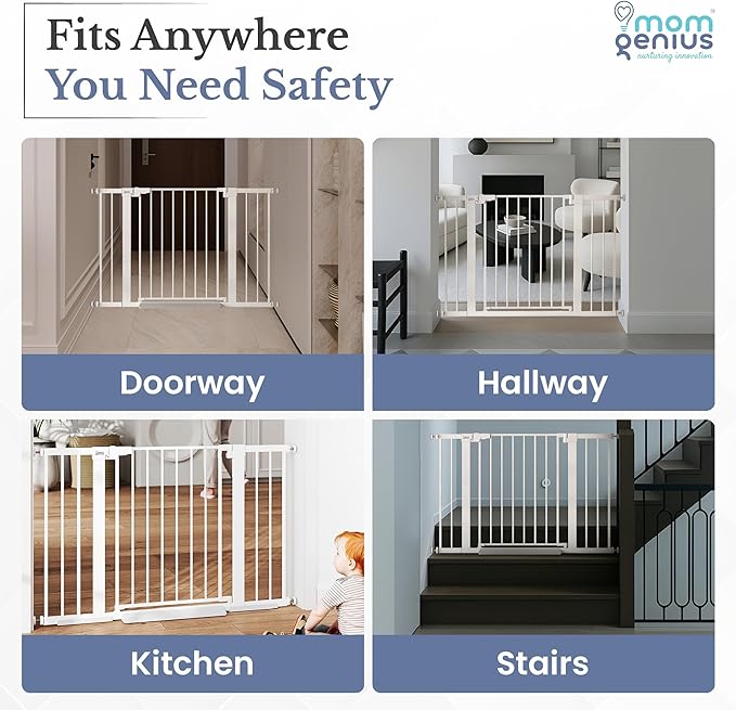 Pressure Mounted Baby Gate for Stairs, Extra Wide 29-40.5 Inch Adjustable, Auto-Close, Double Lock, 29.9" Tall Metal Dog Gates for Doorways, Kitchen & Hallways, CPC & CE Certified, White