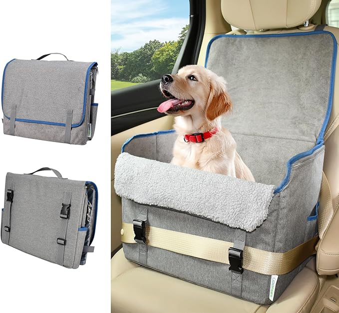 JESPET & GOOPAWS Dog Car Seat, Portable Dog Car Travel Bed with Clip-On Safety Leash, Briefcase Shape Waterproof Dog Booster Car Seat, Suitable for Pets Up to 25lbs