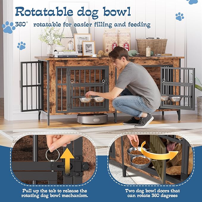 Grepatio 63" Double Dog Crate Furniture for 2 Dogs, Large Dog Kennel with 360° Rotating Feeder Bowls, Indoor Double Dogs Crates with 4 Doors, Wooden Crate TV Stand with Removable Divider