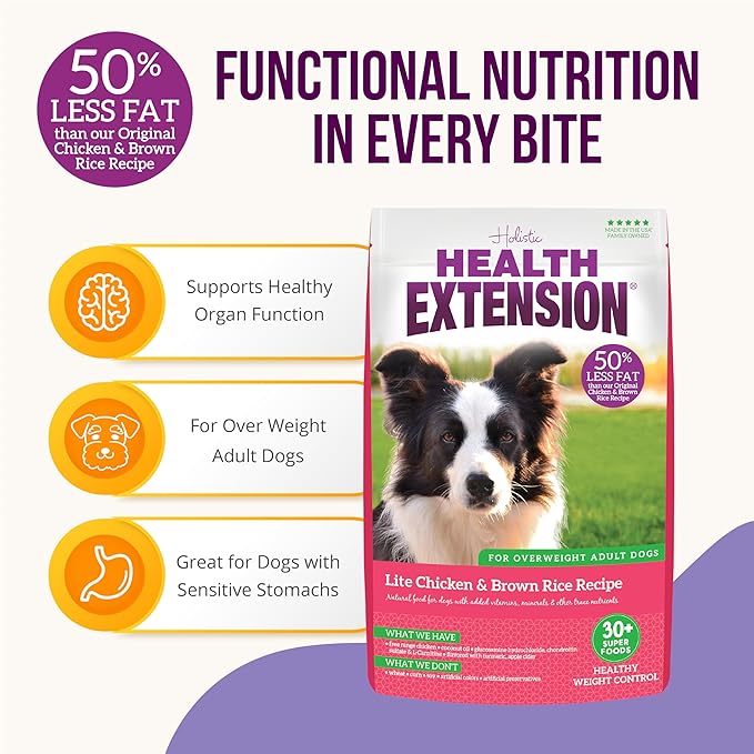 Health Extension Lite Chicken & Brown Rice Dry Dog Food, Low Fat Formula Supports Healthy Weight, with Probiotics & Superfoods for Digestion & Coat Health (30 lb)