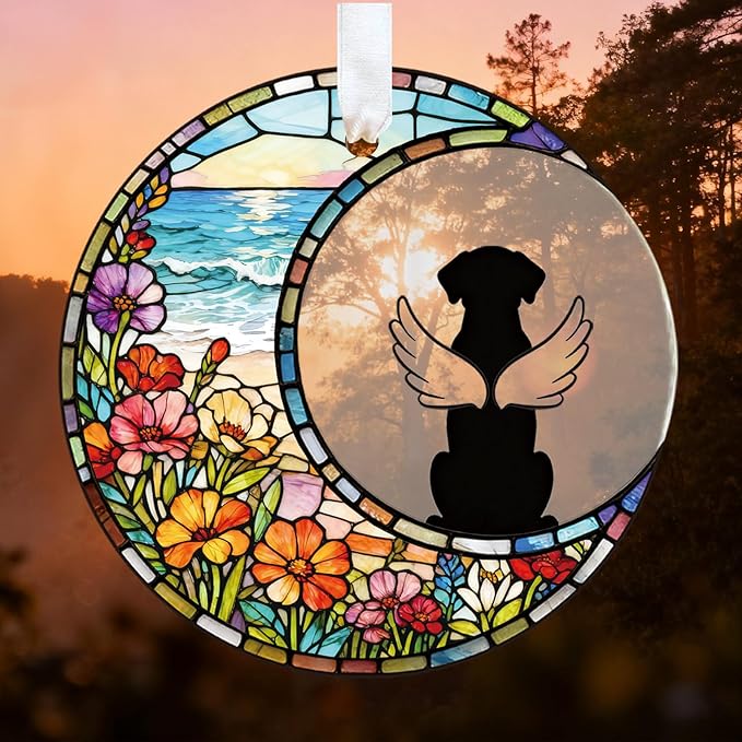Glass Dog Memorial Ornament 3" - Personalized Pet Loss Suncatcher Keepsake with Gift Box, Remembrance Ornament for Christmas, Christmas Stocking Stuffer Sympathy Decoration for Pet Lovers (Sea)