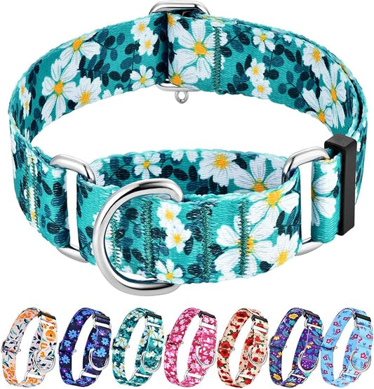 Hikiko 1.5 inch Martingale Collar with No Buckle Heavy Duty Floral Daisy Dog Collars for Medium Large Dogs,Green Flower
