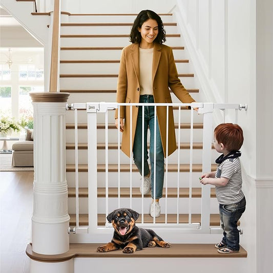 Pressure Mounted Baby Gate for Stairs, Extra Wide 29-40.5 Inch Adjustable, Auto-Close, Double Lock, 29.9" Tall Metal Dog Gates for Doorways, Kitchen & Hallways, CPC & CE Certified, White