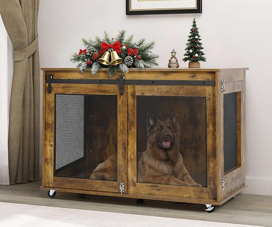 LINLUX 47 Inch Large Dog Crate Furniture, Wooden Heavy Duty XL Dog Kennel Indoor, Decorative Dog Cage Table for Large Dogs, with Sliding Doors, Wheels and Flip-top Plate, Rustic Brown