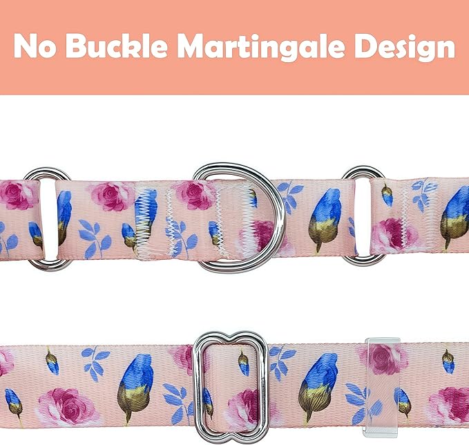 Martingale Dog Collar, Adjustable Soft No Pull Training Collar with No Buckle, Floral Pattern No Slip Martingale Collars for Medium Dogs (1" Width M)