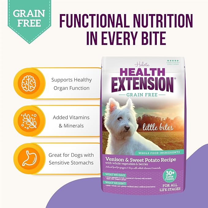 Health Extension Grain Free Venison & Sweet Potato Little Bites Small Kibble Formula with 30+ Superfoods Lean Protein, and Probiotics for Teacups, Toys & Miniature Dogs (3.5 lb)