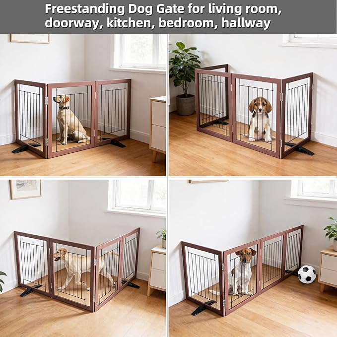 ZJSF Freestanding Dog Gate Indoor, Foldable Dog Fence for Doorways,Hallways or Stairs, Sturdy Wood Extra Wide Pet Gate with Support Feet,Brown,32 "Height-3 Panels