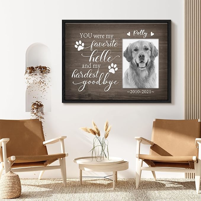 Custom Pet Memorial Gifts for Loss of Dog Cat, Personalized Pet Photo Canvas with Frame for Pet Dog Cat Lovers, Wall Art Home Decor with Name and Text, Customized Pet Loss Sympathy Gifts