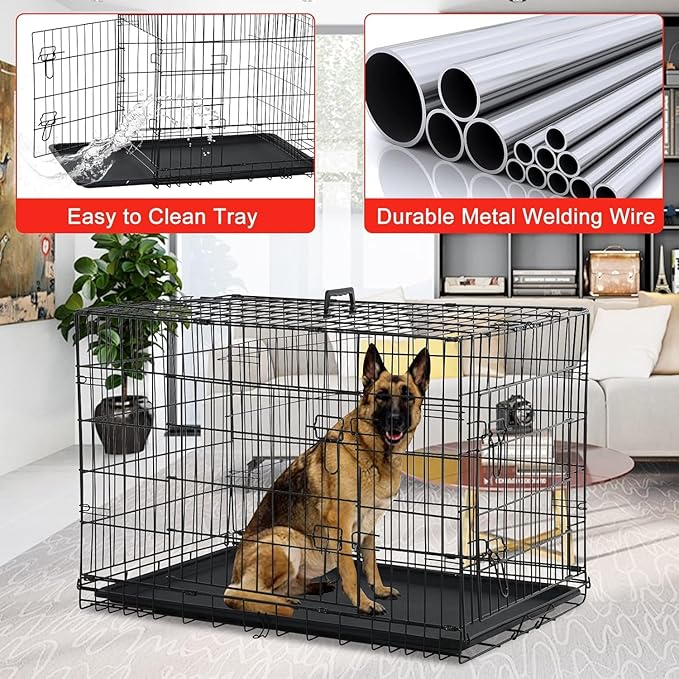 48 Inch Dog Crates for Large Dogs Folding Dog Cage Metal Wire Crates Portable Pet Kennels Outdoor and Indoor Pet Dog Cage Crate with Double-Door, Divider Panel, Removable Tray, Black