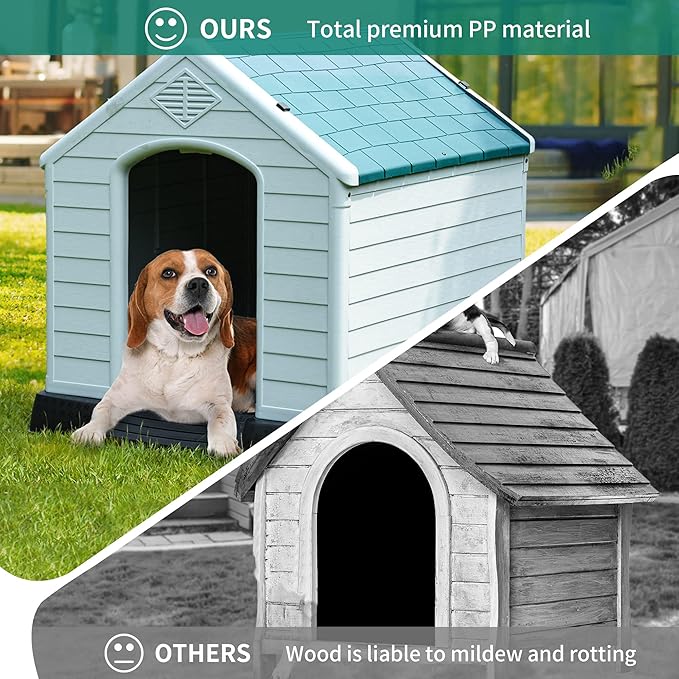 DWVO Large Outdoor Dog House, Plastic Doghouse with Air Vents and Ground Nails, Insulated Puppy Shelter for Small Medium Dogs (41''L x 38''W x 39''H, Green)