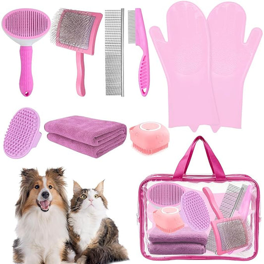 8PCS Dog Slicker Brush for Dogs Grooming Kit,Bath Grooming Kit for Pets,Hair Brush Set with Towel,Washing Gloves,Slicker Comb,and Shampoo Scrubber Brush for Small and Large Dogs and Cats Cats(Pink)