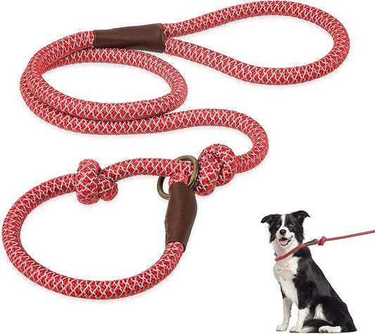 Mile High Life Slip Leads for Dogs | Reflective Slip Leash with Leather Tip | Heavy Duty Dog Training Leash - 4 Feet Climbing Rope (Red)