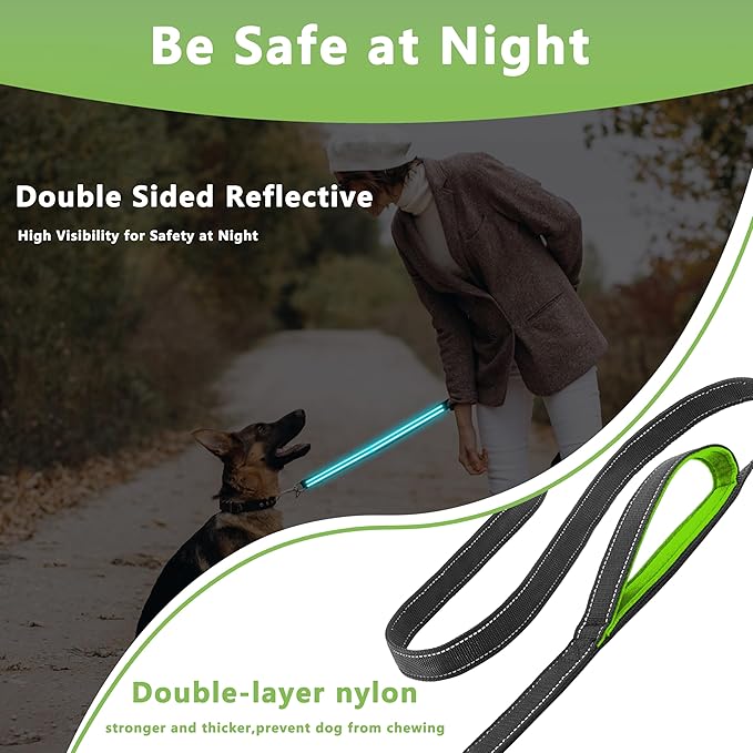 Dog Leash 6.5ft Long, Double Handle Dog Leash for Safety Control Training, Heavy Duty Dog Leads with Traffic Padded Handles, Reflective Leash for Small Medium Large Dogs(6.5ft, Black Green)