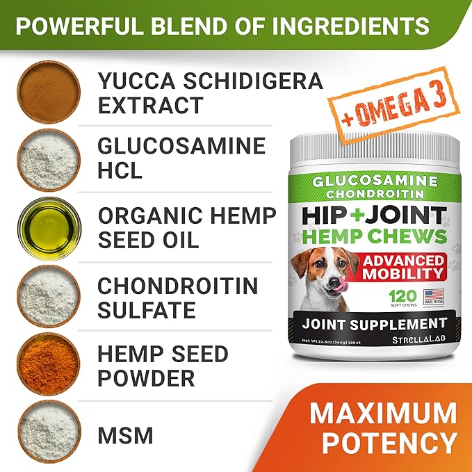 STRELLALAB Hemp Chews for Dogs - Hip & Joint Supplement with Glucosamine - Joint Pain Relief Treats - Omega 3, Chondroitin, MSM - Advanced Mobility Support - Chicken Flavor - 120 Ct - Made in USA