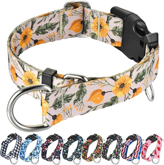 Martingale Collar for Dogs with Buckle Adjustable Nylon Slip No Pull Training Dog Collars (Beige Floral, Small)