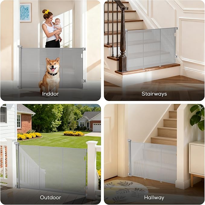 Retractable Baby Gate for Stairs, 48" Tall X 150" Wide Mesh Dog Gate Indoor, Child Gate for Doorways, Hallways, Deck, Indoor Outdoor Pet Baby Safety Essentials for Home, Gray