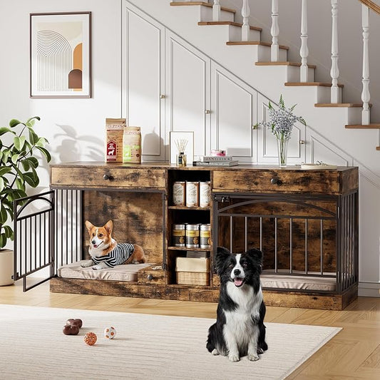 IDEALHOUSE 78.7" Double Dog Crate Furniture with Storage and 2 Doors, Dog Kennel Indoor with Feeding Bowls, Wood Dog Crate TV Stand for Small Medium Dogs, Brown