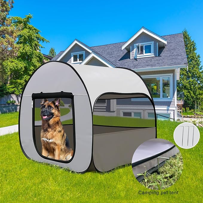 LUCKITTY Pop-Up Dog Kennel Enclosure Large - Large Portable Outdoor Pet Crate with Carry Bag, Waterproof Travel Carrier for Camping Home, Grey