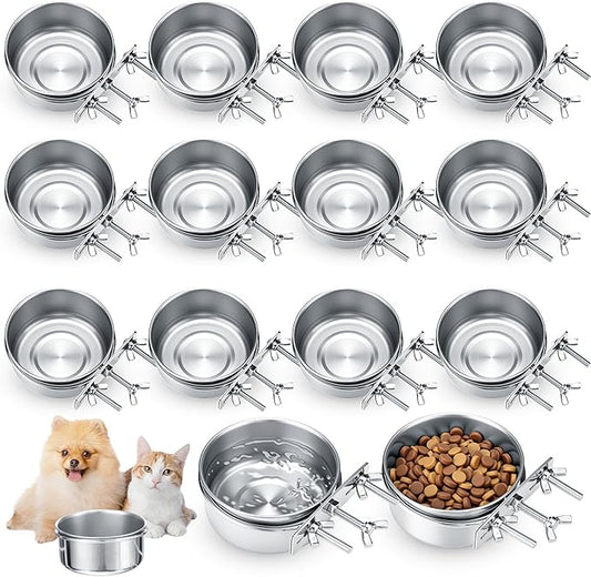 Silkfly 14 Pack Stainless Steel Hanging Dog Crate Bowls, Non-Spill Kennel Food & Water Bowls with Screw Clamp Holders, Removable, Easy to Clean Metal Cage Feeder for Pets(12 oz)