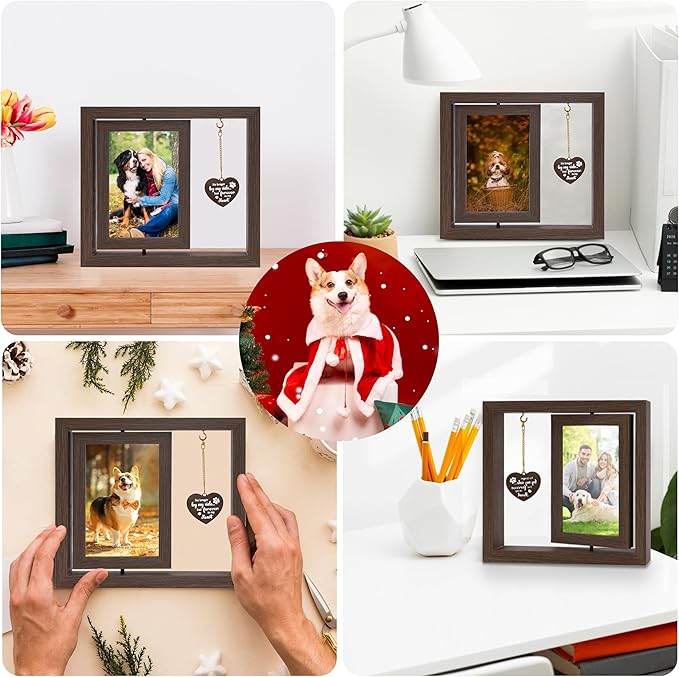Pet Memorial Gifts for Loss of Dogs, Rotating Wooden Picture Frame for 4x6 Photo, Dog Memorial Sympathy Gifts for Dogs Cats, DIY Pet Loss Frame for Owners, Dog Funeral Remembrance Gift, Brown