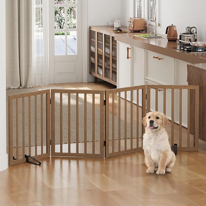 Dog Gates for Doorways, Freestanding Dog Gate Indoor, Foldable Pet Gates for Doorways Bedroom, Puppy Gate with Metal Support Feet, Room Divider 4 Panels (Dark Walnut)